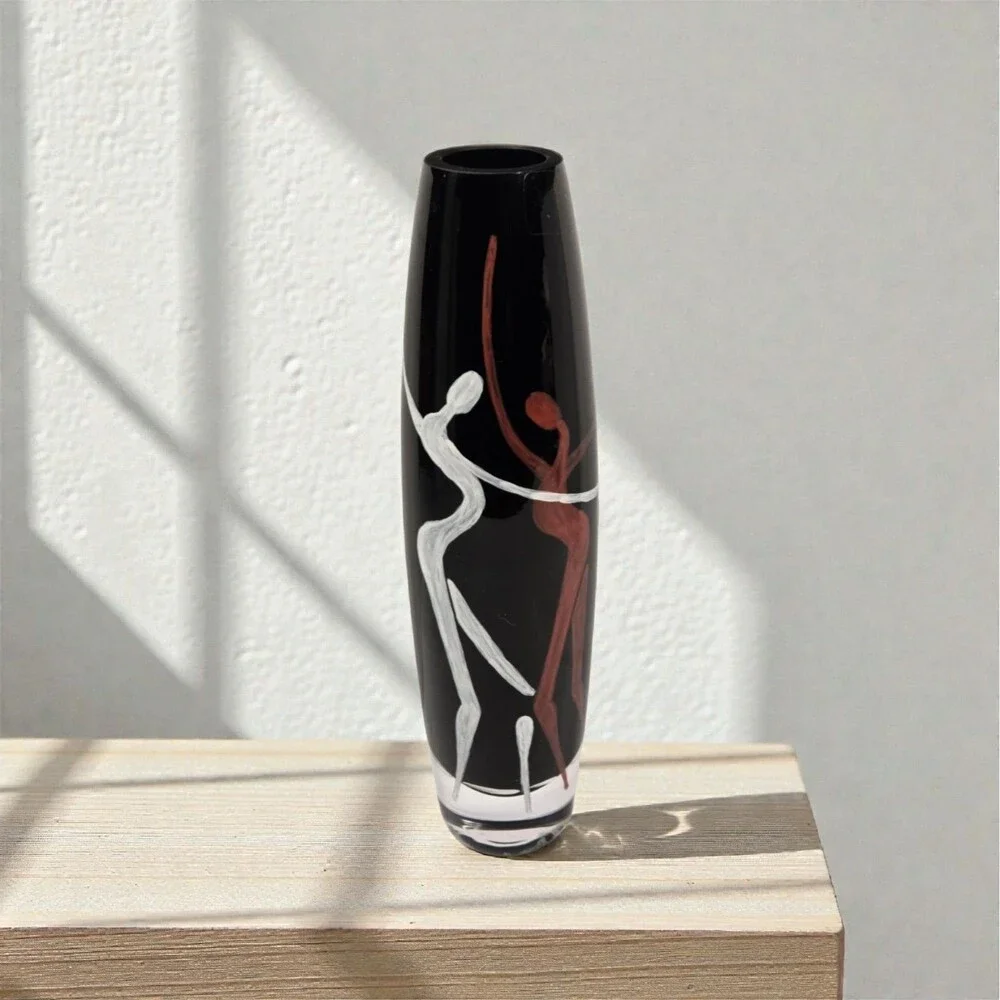 vintage Sasaki Bacchanal Art Glass Vase 11 3/4” Poland Black Hand Painted w/ Box